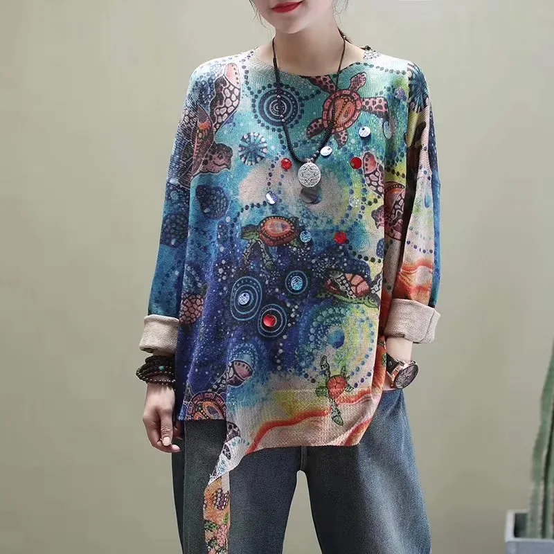 

Spring Harajuku Women Long Sleeve Sweaters Femme Vintage Printed Tops Autumn Blouse Pullover Knitted Shirt Blusas Ropa De Mujer