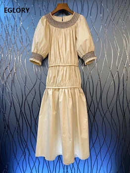 

100%Cotton Long Dress 2020 Summer Women Color Block Stitching Embroidery Patterns Back String Belt Casual Long Maxi Dress Khaki