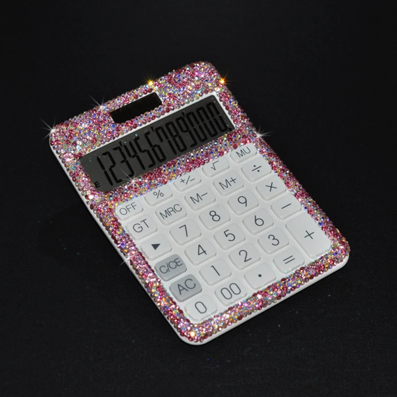 Shiny Ultra-thin Portable Diamond Calculator Mini Women Cute Crystal Plastic 12 Digit Dual Power Solar Office Business Supplies 4