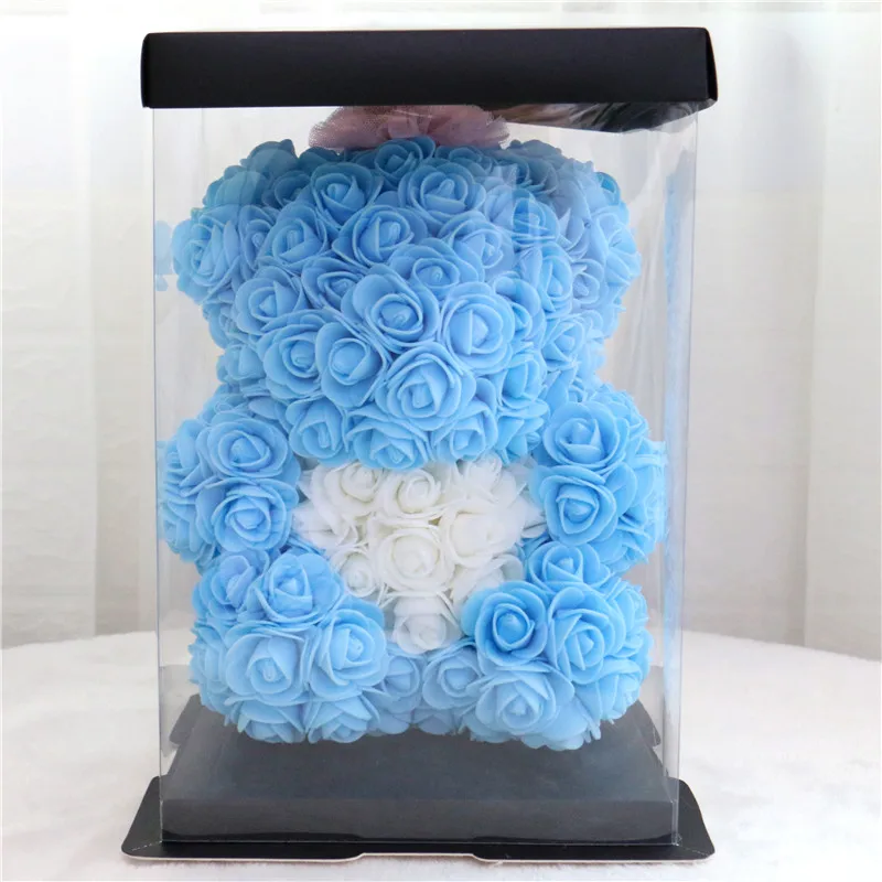 Blue set 28 см Корона Сделай Сам плюшевый медведь Роза+ коробка Искусственные из ПЭ цветок медведь Роза День Святого Валентина подарок для подруги женщины жена мать день - Цвет: Blue set