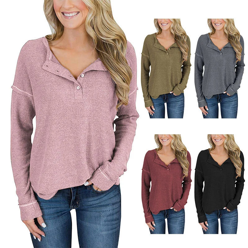 ELF QUEEN Womens Casual Knitted Henley Shirts Tunic V Neck Long Sleeve Button Down Tops Sweater Waffle Knit Tees Sweatshirts
