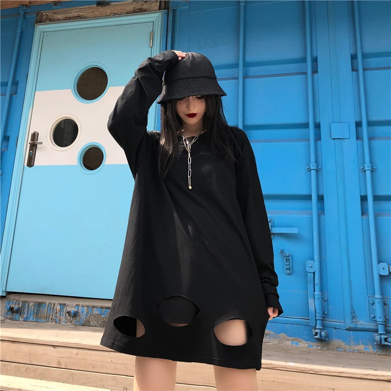 Унисекс весна roupas ulzzang Корейская женская одежда пара хипстер Харадзюку Свободный Повседневный длинный рукав отверстие Топы Длинные футболки - Цвет: Черный