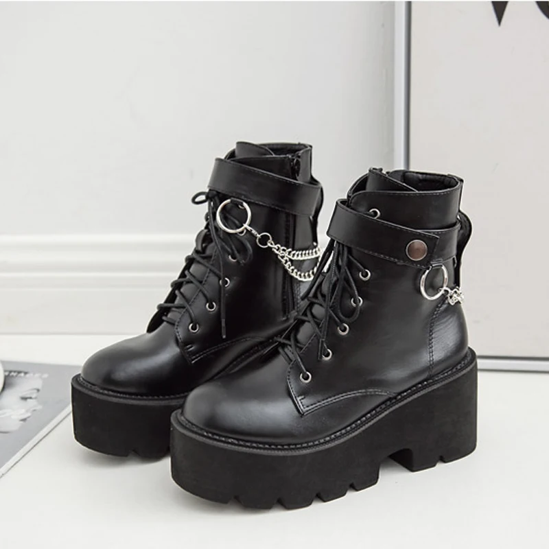 Botas con Cadenas de Metal para mujer, botines con plataforma gruesa, punta  redonda, estilo gótico Punk, color negro, para invierno, SWE0872|Botas  hasta el tobillo| - AliExpress