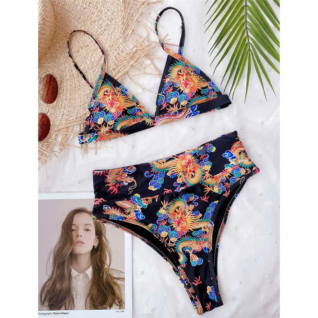 4 Colors Ribbed High Waist Bikini Female Swimsuit Women Swimwear Two-pieces Bikini set Print Bather Bathing Suit Swim Lady V2443