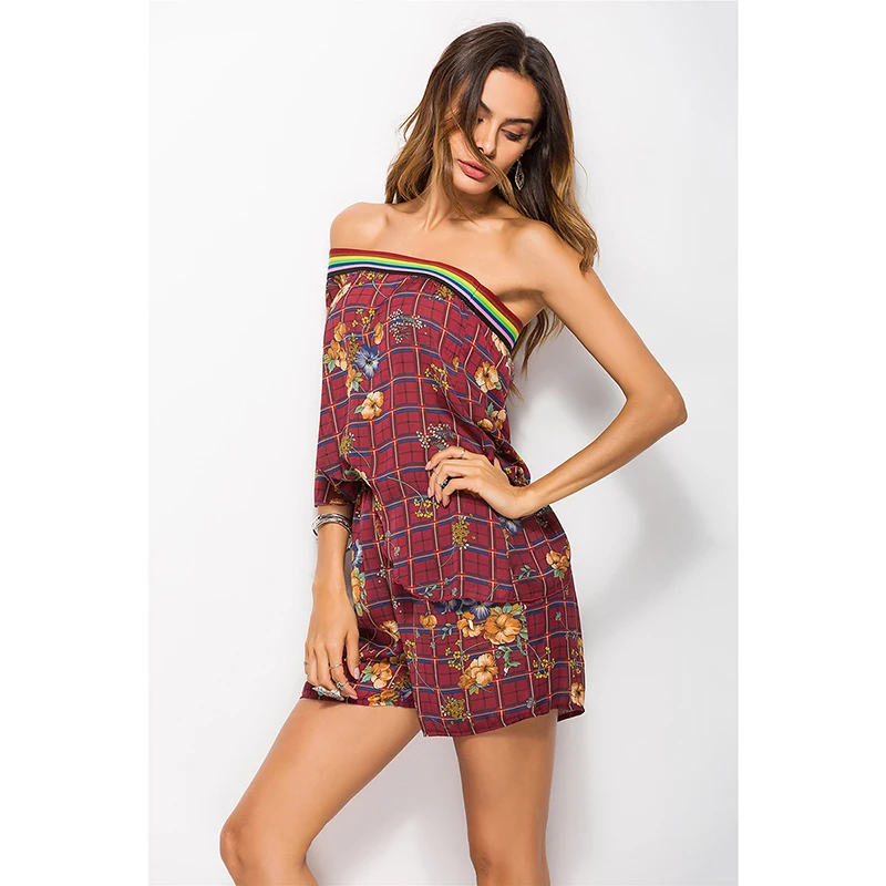 wine red Sukibandra, цветочный принт, в клетку, Boho, короткие комбинезоны для женщин, s, комбинезон, летний, для женщин, на одно плечо, пляжный комбинезон, повседневные Комбинезоны - Цвет: wine red