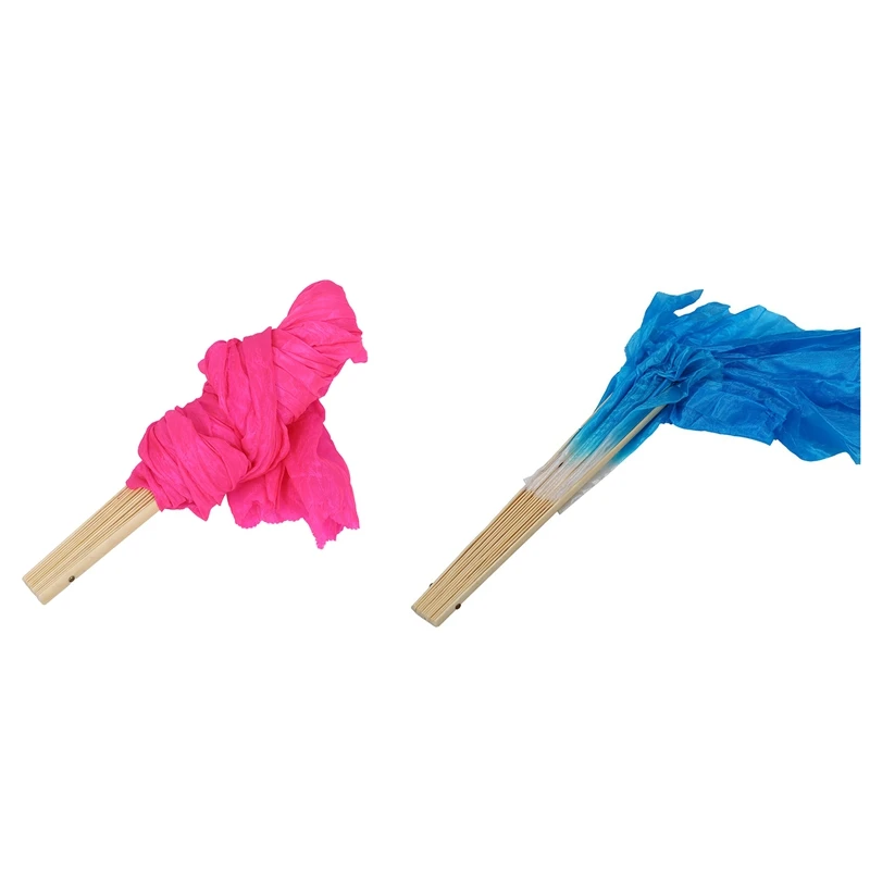 

2Pcs 1.8M Hand Made Belly Dance Dancing Silk Bamboo Long Fans Veils Blue & Rose Red