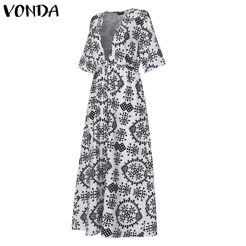 VONDA/ богемное платье для беременных с принтом, сексуальное женское летнее платье с разрезом, короткий рукав, длинный халат, повседневные свободные вечерние пляжные платья