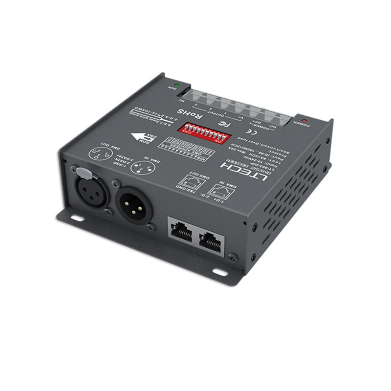DMX-PWM декодер; DC12-24V вход; 8A* 3CH Max 24A 576 Вт Выход XLR-3/RJ45 порт 3 канала RGB полоса DMX512 декодер LT-903-DIP