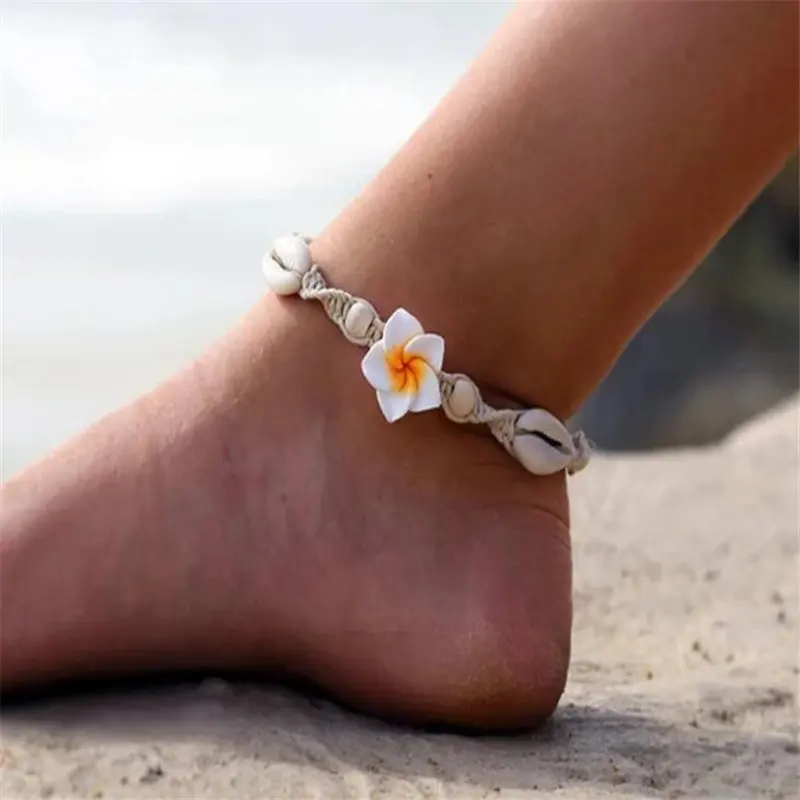 

Bohemian Pink Yellow Flower Handmade Braiding Natural Seashells Anklet Bracelet for Women Knitted Wood Beads Foot Chain Jewelry