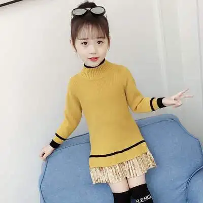 yellow Модные длинные вязаные свитера для девочек, Осень-зима, новая детская трикотажная одежда, вязаные платья для подростков, P265 - Цвет: yellow