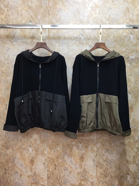 early autumn new female neckline drawstring hooded decorative color matching zipper long sleeve short coat 1005