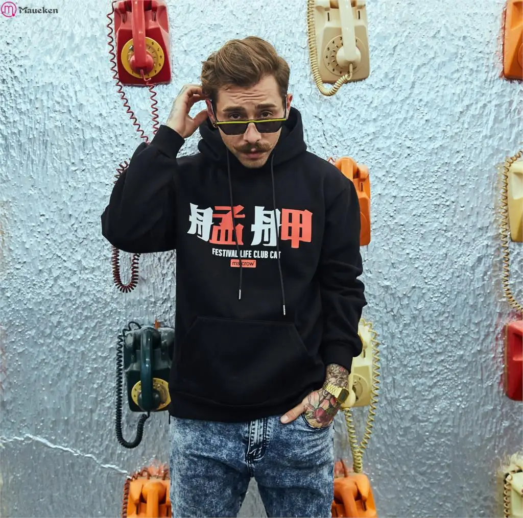 Мужская толстовка с капюшоном в стиле хип-хоп, толстовка с цветочным принтом Monga, с китайским персонажем, уличная толстовка, повседневный черный пуловер с капюшоном, хлопок