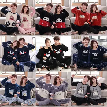 

Winter couple pajamas women's long sleeve warm Korean thickened cartoon flannel men's home clothes coral velvet suit