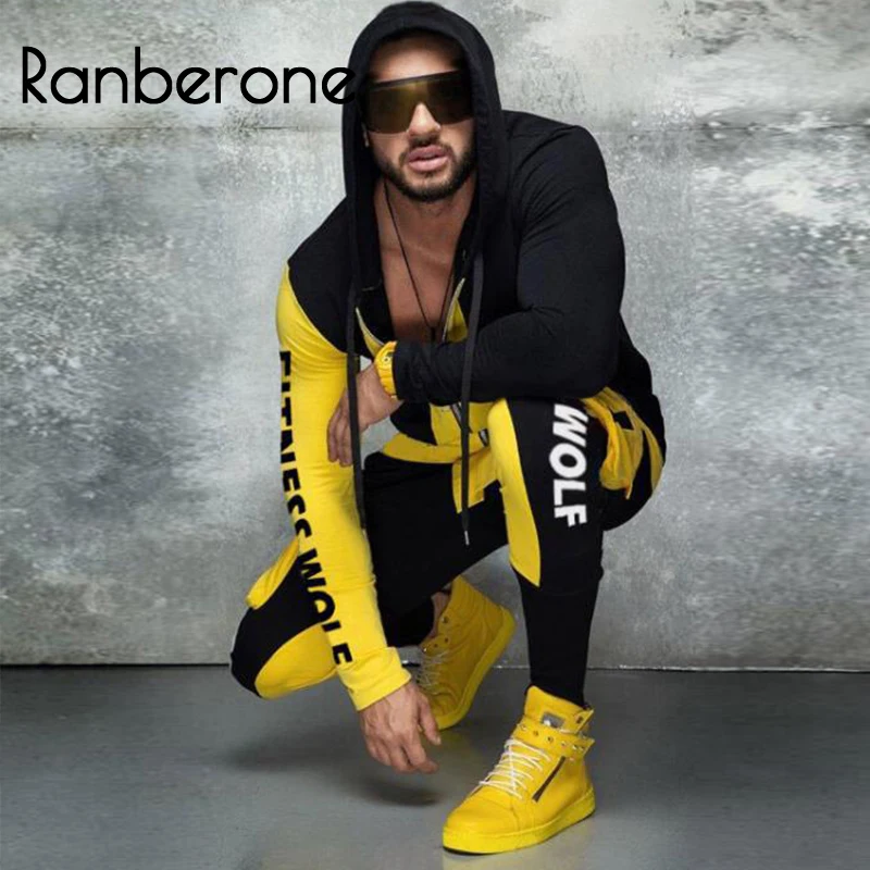 Ranberone, спортивный костюм, мужская мода, длинный рукав, толстовка+ штаны, набор, мужские спортивные костюмы, толстовки, брюки, наборы, мужской комплект для спортзала, спортивная одежда