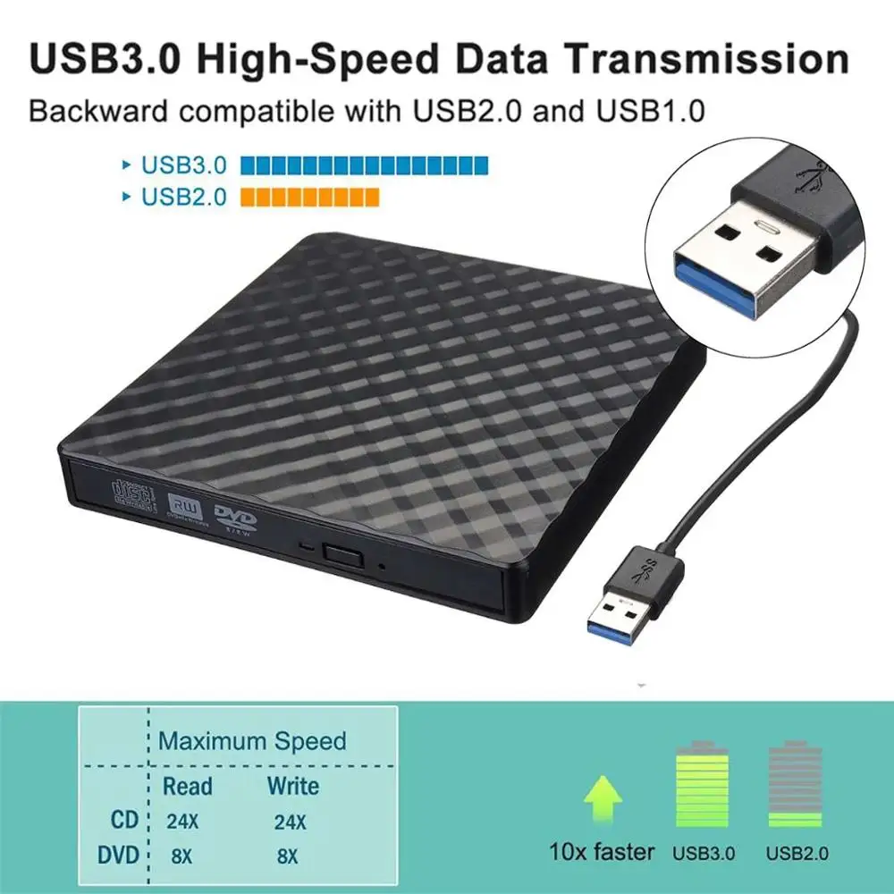  Corrugated External USB3.0 DVD Burner RW CD Writer Slim Optical Drive Burner Reader Player Tray Typ