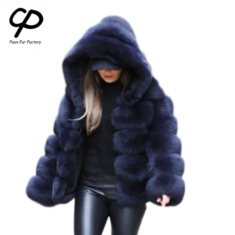 CP искусственный мех Заводская шуба из искусственного лисьего меха женская зимняя мода искусственный мех с капюшоном пальто женское искусственный Лисий жакет из меха CP42 - Цвет: CP42 Navy Blue