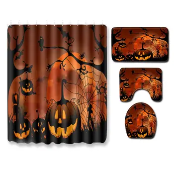 

2020 New Halloween Pumpkin-Element 3D Digital Printed Polyester Fabric Shower Curtain Bathroom Floor Mat Base Mats