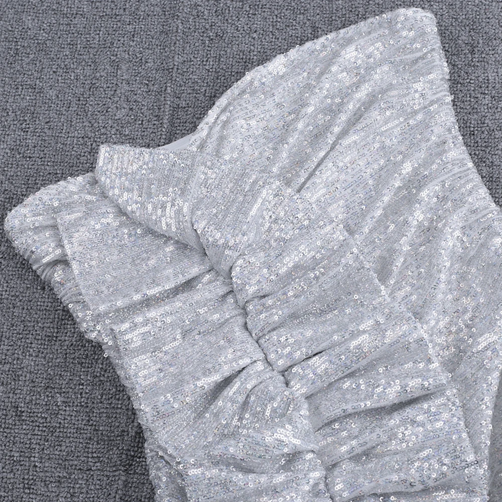 Ocstrade Серебряный без бретелек без рукавов Мини преувеличенные блёстки Bodycon платье FSP19134-Silver