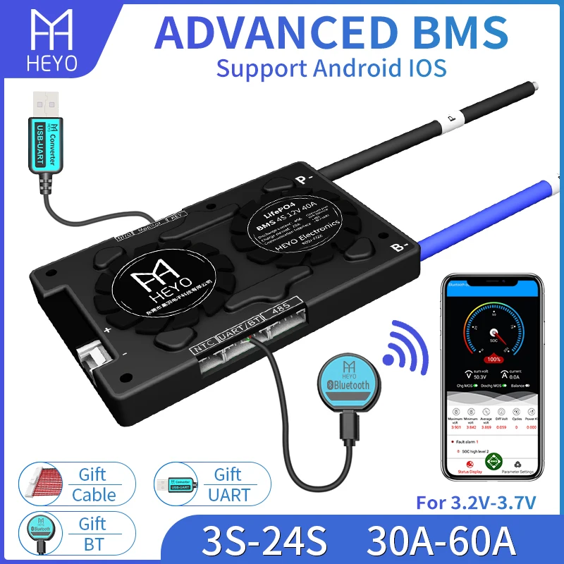 Bluetooth inteligente RS485 12V 24V 36V 48V 48V controlador de batería 3S 4S 8S 13S 16S 20S 24S Li-Ion LiFePO4 30A 40A 60A 80A 100A 200A BMS
