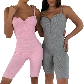 

Women 2020 Summer 5 Colors Chic ins Knitted Zipper Neck Playsuits Sleeveless Bodycon Stretch Crop Jumpsuits Romper Club Overalls