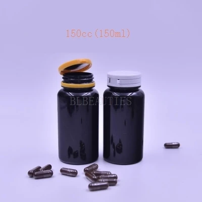 

150cc PET Vitamins Bottle, Capsule Bottle, Plastic Bottle--Light-proof Black Color with White Yellow Pull Cap 200pcs/Lot