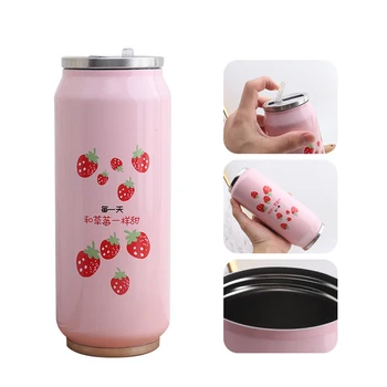 

Cute Strawberry Water Bottle Stainless Steel Thermos Portable Creative Cans for Girls Travel Thermos Bottle with Straw 500Ml
