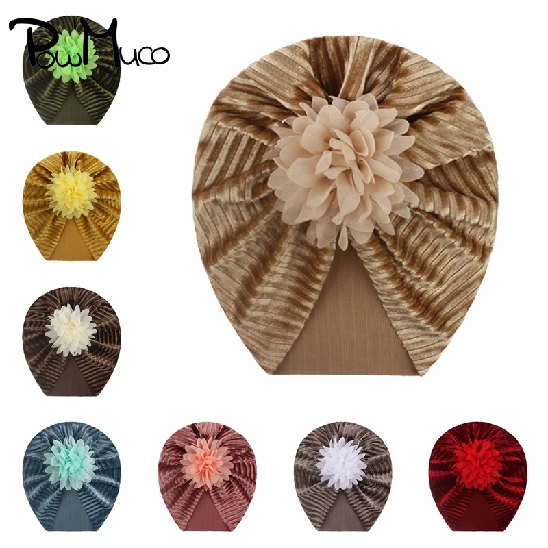 

Powmuco 18*20 CM Solid Color Striped Gold Velvet Baby Girls Hats Fashion Handmade Flower Caps Warm Newborn Headwear 9 Colors