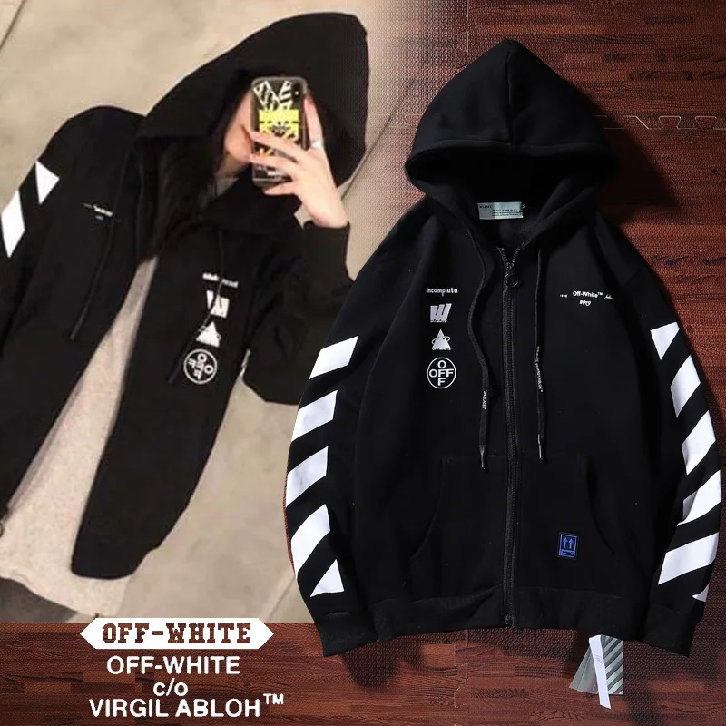 19SS осень зима off-white Marilynna печати плюс бархат кардиган с капюшоном Толстовка