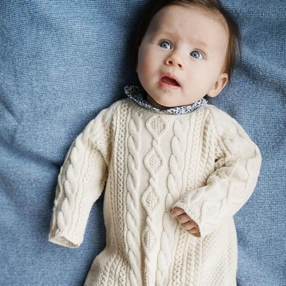 Весенне-осенний комбинезон для маленьких девочек, Creeper костюм для мальчиков и девочек, детский цельнокроеный вязаный свитер для новорожденных - Цвет: Бежевый
