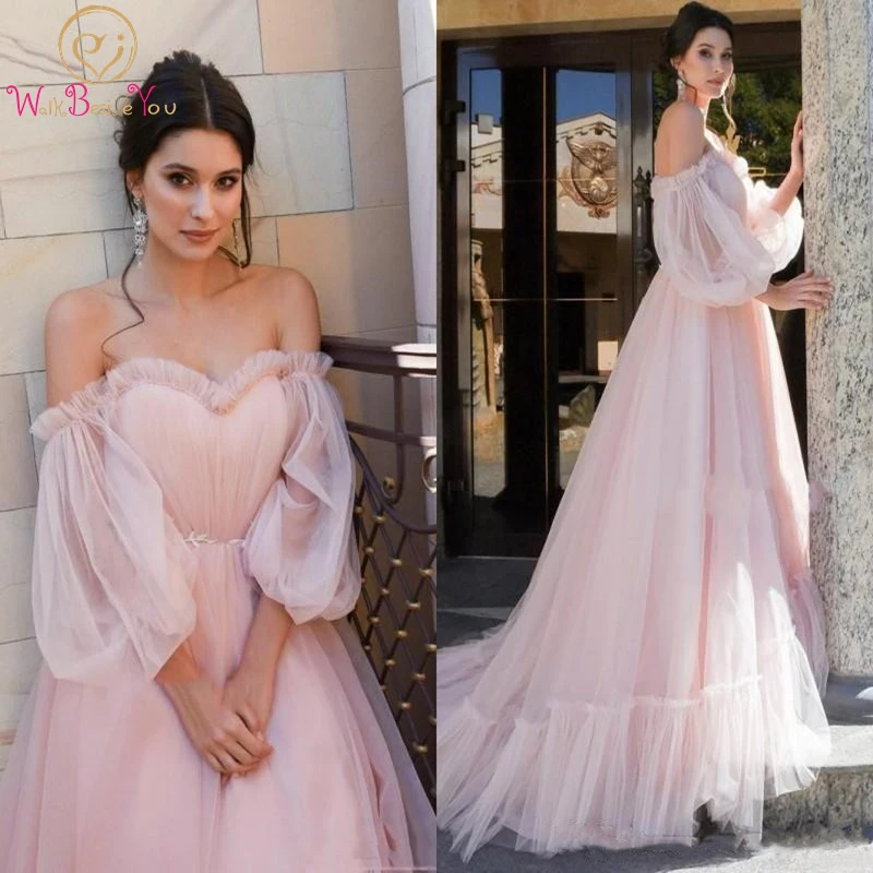 Walk Beside You Prom Dress Pink Princess Pregnant Puffy Long Sleeve Pageant Plus Size Evening Dresses robe de soirée femmes 2022 burgundy prom dresses
