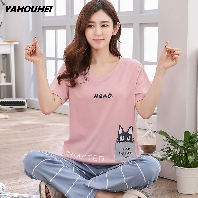 

100% Cotton Women's Pajamas Set Long Sleeve O-Neck Shirts + Long Pants Two Piece Women 2019 Autumn Trousers Bathrobe Nightie