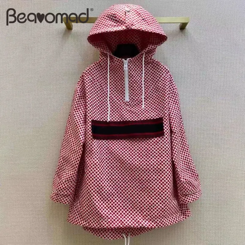 

Bearomad Brand Runway Polka Dot Printing Four Seasons Hoodies Women Tops Long Sleeve Drawstring Zippers Windproof Ladies Coat