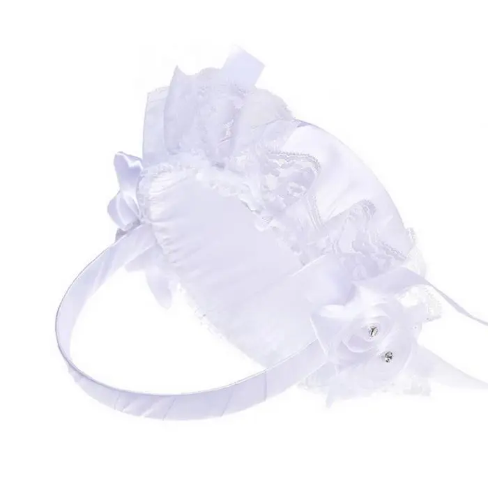White Wedding Basket with Lace Bow Cute Polyester Wedding Flower Basket for Rose Petals Reception Decoration White PI669