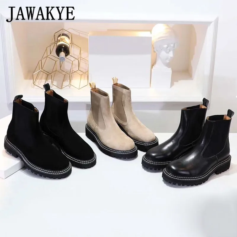 Ботинки «Челси» без застежки с круглым носком; женская обувь из натуральной кожи на плоской платформе; женские замшевые зимние ботинки телесного и черного цвета; ботинки на толстой подошве