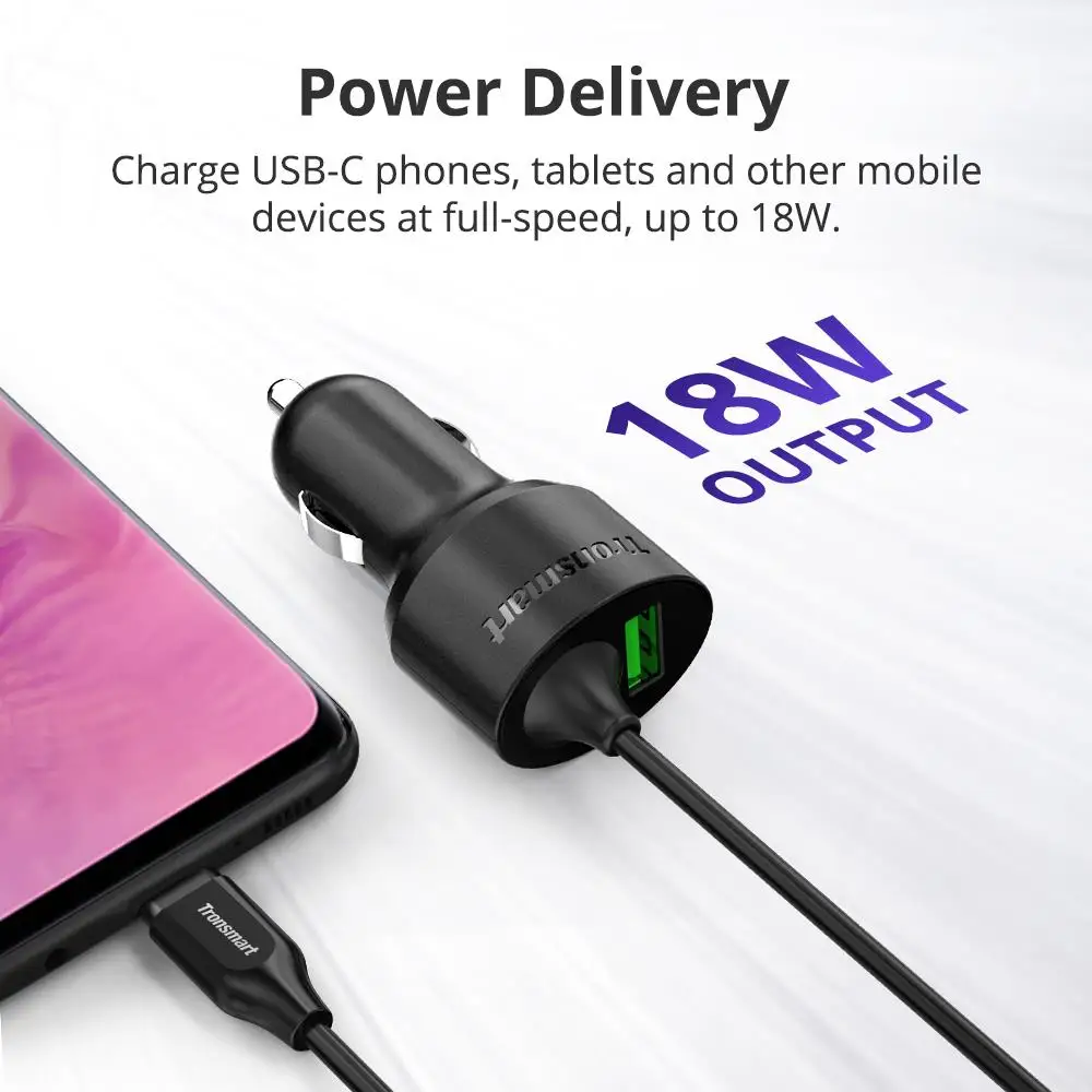 Автомобильное зарядное устройство Tronsmart CCTA 36 Вт PD зарядное устройство быстрое зарядное устройство с USB C кабелем поддержка PD3.0, QC3.0, FCP, Apple 2,4 для iPhone, huawei