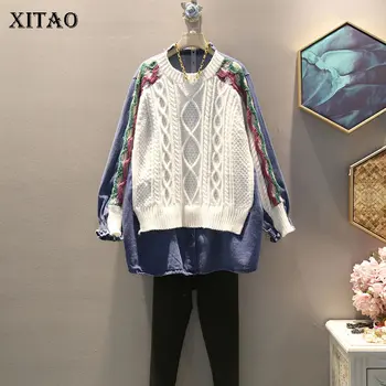 

XITAO Knitted Women Sweater Fashion New 2019 Autumn Straight False Two Piece Elegant Sheath Minority Style Sweater WLD2804