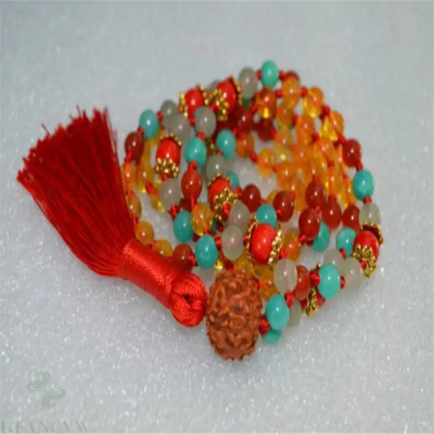 

8mm Citrine Turquoise Gemstone 108 Beads Tassels Mala Necklace Wristband energy Handmade MONK Bless Wrist Unisex Lucky Healing