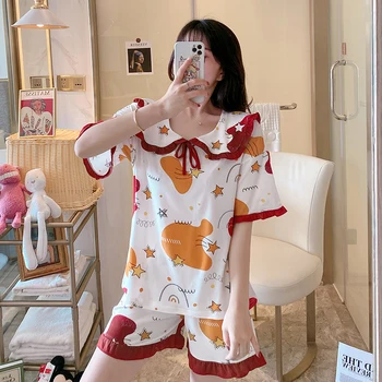 

Summer Cute Doll Collar Girl Pajamas Set Short Sleeve Women Sleepwear Set Print Comfortable Homewear Clothing Pajamas set female