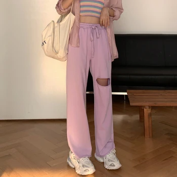 

Pink Elastic Waist Lace Cut Casual Pants Women's Wide Leg Loose Woolen Pants