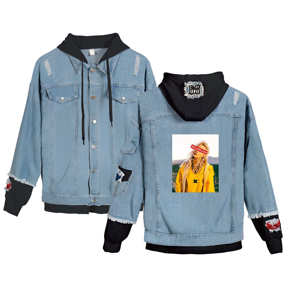 

Billie Eilish Denim Bomber Jacket Men Long Coat Streetwear Chaqueta Hip Hop Pop Singer Jean Jacket Blue Black Outwear Male 4XL