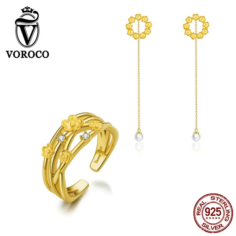 

VOROCO Authentic 925 Sterling Silver 2020 Spring Series Flower Dangle Earrings & Adjustable Finger Ring Jewelry Set Women ZBS166