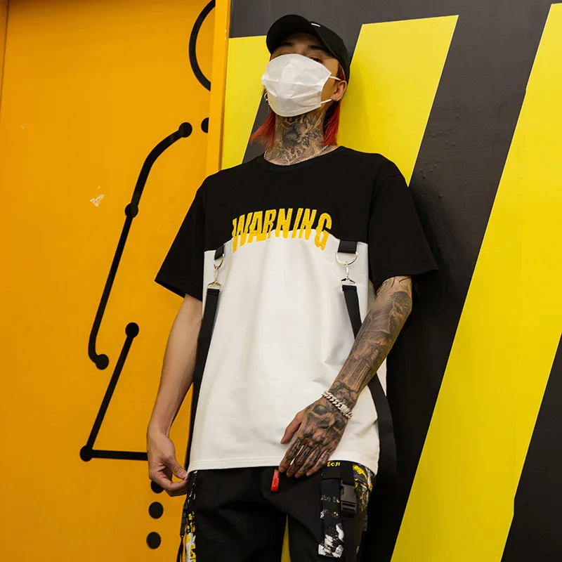 

Men High Street Fashion Hip Hop Ribbons Splice T Shirt Male Summer Short Sleeve Loose Casual Print Tshirt Dancer Tees Shirts