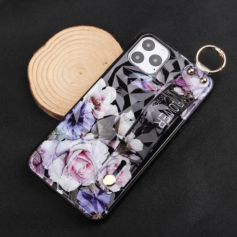 Diamond Texture Retro Flower Wrist Strap Case for Etui iPhone 8 Plus 6 6S 7 11 Pro Max Hard Phone Holder Cover for iPhone 11 XR