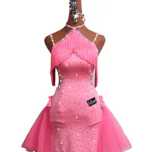 Латинское бальное платье, платье для женщин, высококачественное розовое китайское обтягивающее бедра с кисточками, пышная юбка# LD010