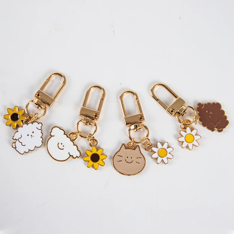 Cartoon Cute Cat Puppy Keychain Sun Flower Key Ring Chain Cute Charm Key Holder Fashion Trinket Bag Pendant Kids Gift