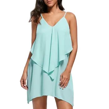 

2020 Summer Sexy Women Dress Printing Summer Sleeveless Overlay Flowy Ruffles V-Neck Solid Suit Female Summer Elegant Dresses