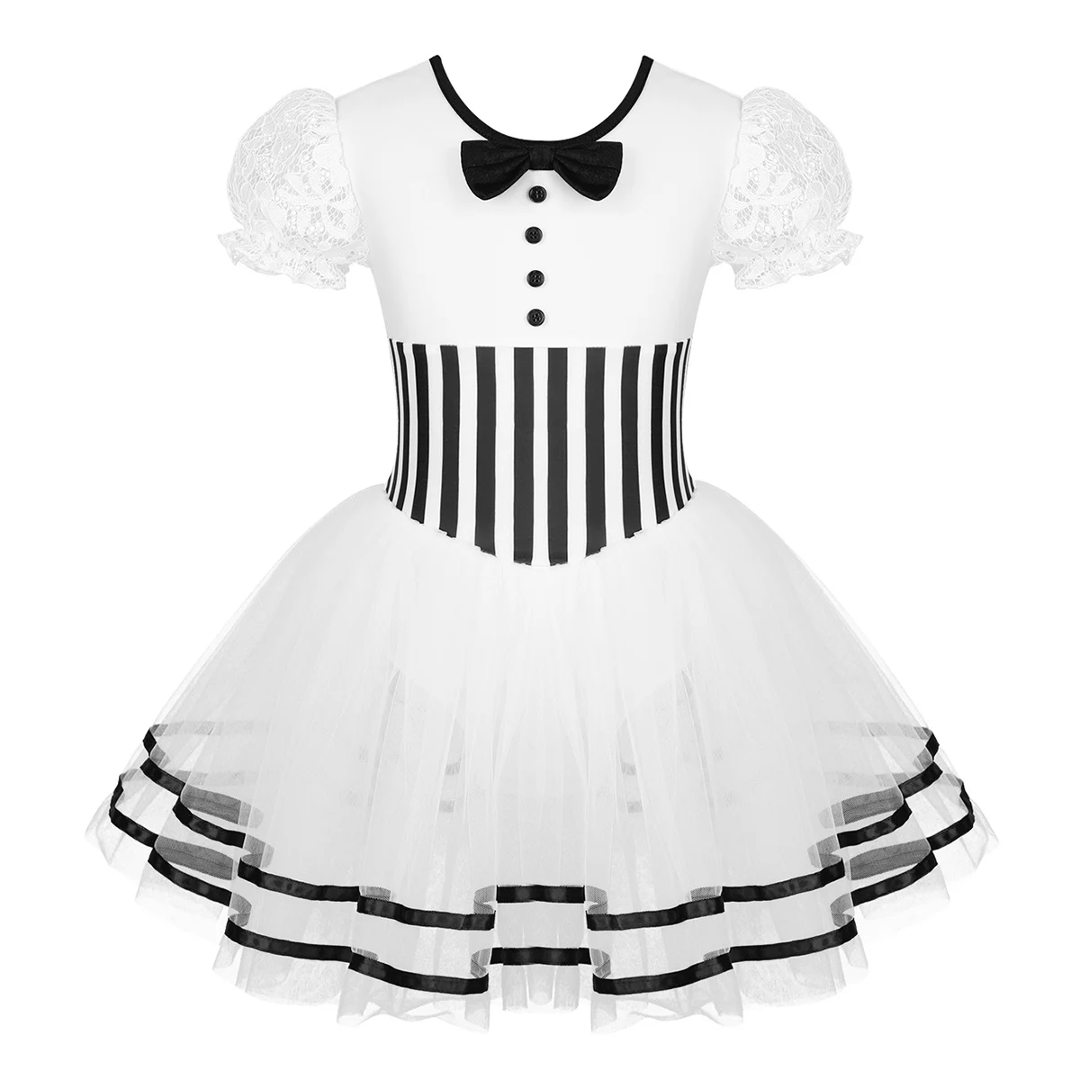 ChicTry Kids Lace Short Sleeves Striped Gymnastics Leotard Girls Mesh Tutu Ballet Figure Skating Dress Performance Dance Costume