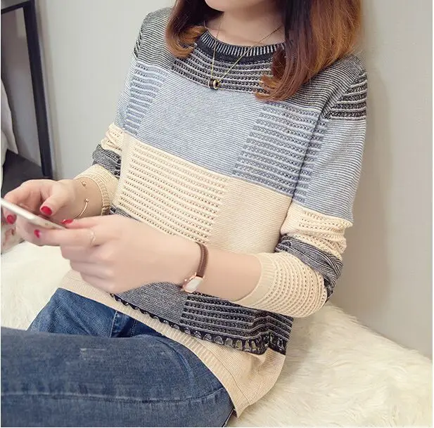 Весенне-осенний женский свитер в Корейском стиле, Свободный Полосатый пуловер с длинными рукавами, трикотажный осенний полый свитер NS4395