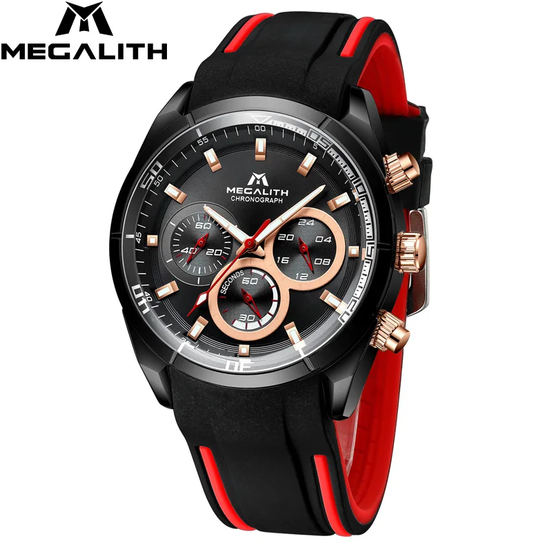 Relogio Masculino MEGALITH спортивные хронограф мужские часы лучший бренд Роскошные Кварцевые часы мужские водонепроницаемые часы с резиновым ремнем мужские 8049 - Цвет: black