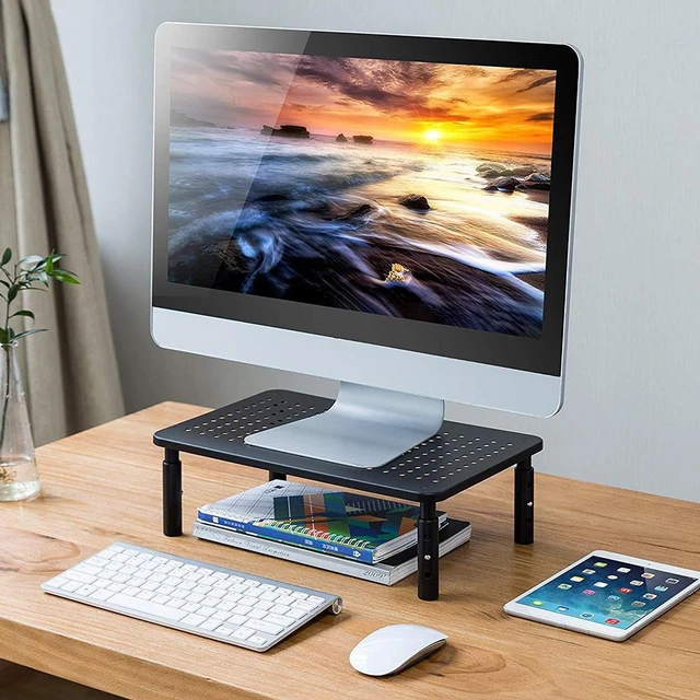 Soporte elevador de madera para monitor ajustable, soporte de computadora  de escritorio de 2 niveles con almacenamiento para teclado, plataformas